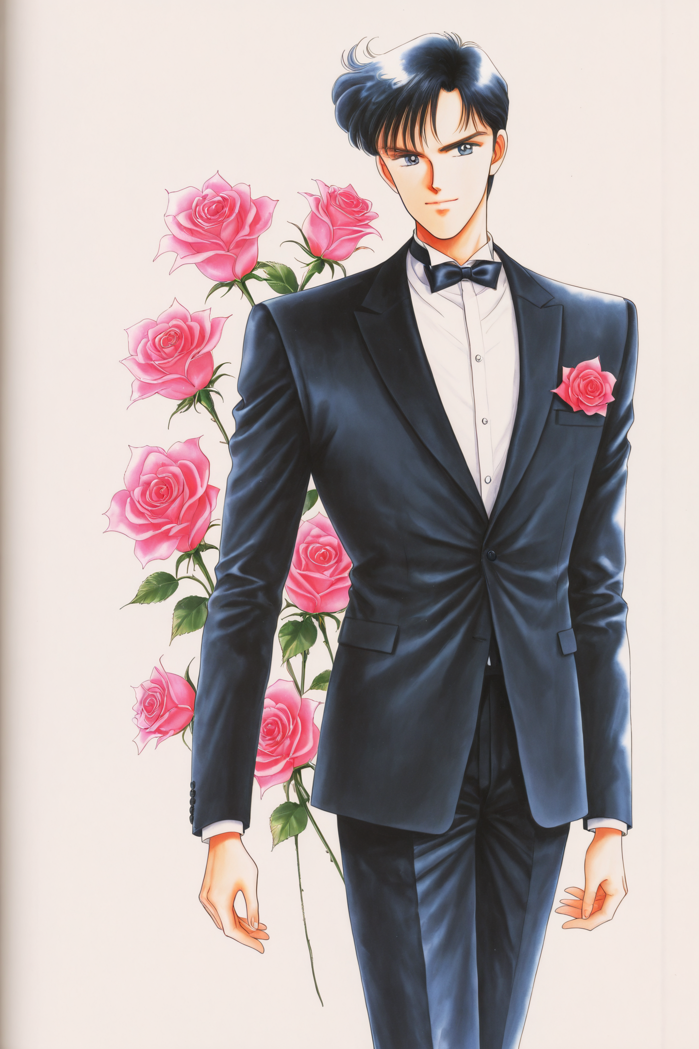 45693-281167393-1boy,solo,male focus,black hair,flower,formal,bowtie,white background,pants,retro artstyle,black suit,standing,1990s _(style_),r.png